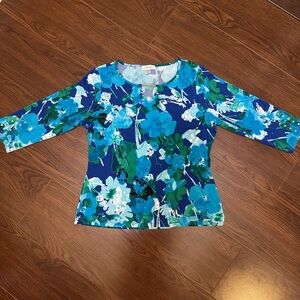 Calvin Klein Cutout Neck Elbow Sleeve Blue Floral Top with Gold Hardware PL